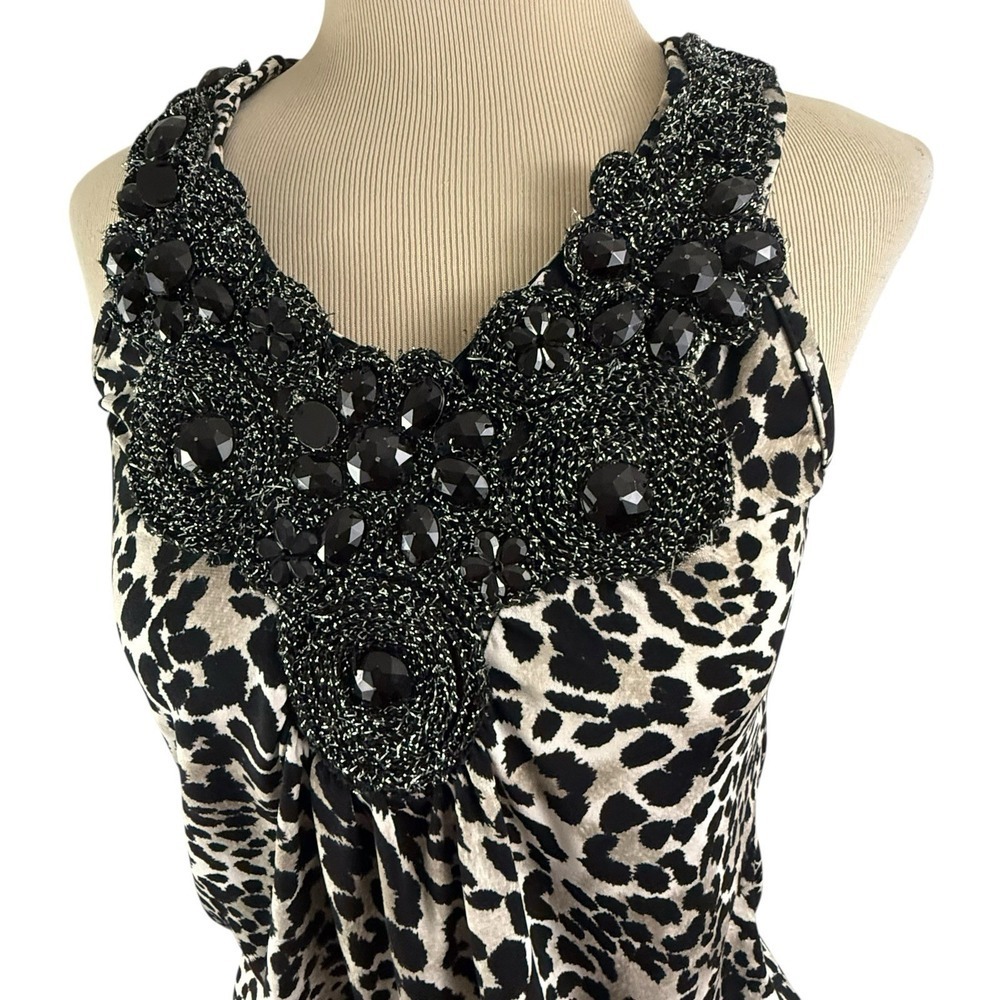 Beaded Cheetah TANK TOP XS Blouson Y2K Black Metallic Glam Disco Party Leopard